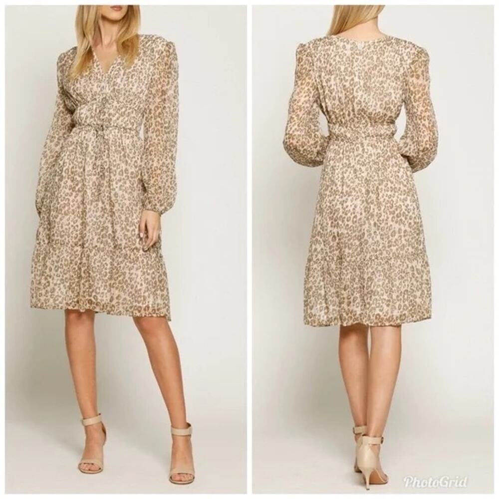 WALTER BAKER  Faber Tie-Detailed Leopard-Print Metallic Georgette Dress Sz 4 - Picture 2 of 13